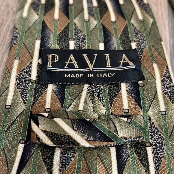Pavia Tie - 100% Silk - Made in Italy Retro Design Green Tan Black - Picture 3 of 6